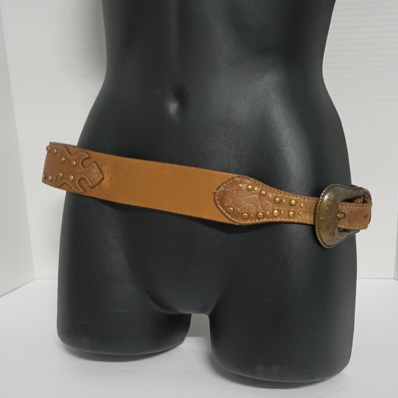 Chico's Genuine Leather Brown Gold Distressed Studded Western Belt Size Small - Picture 5 of 16
